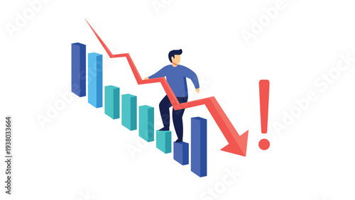 Businessman walking down a declining isometric bar chart with a red arrow indicating a significant financial market crash.