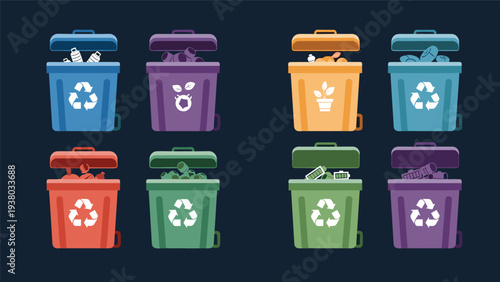 Colorful recycling bins for different types of waste including plastic, organic, glass, and electronic battery materials.