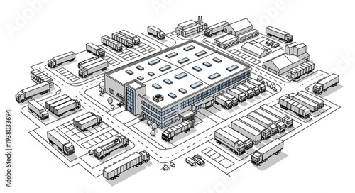 Industrial Warehouse Distribution Center with Trucks and Buildings.