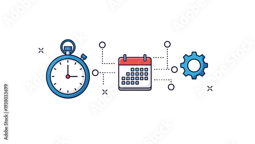 Project management workflow represented by a blue stopwatch, a red calendar, and a gear icon connected by dashed lines.