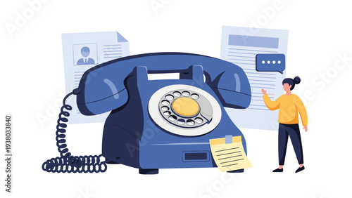 Telemarketing concept showing a giant vintage blue telephone with business documents and a woman providing support.
