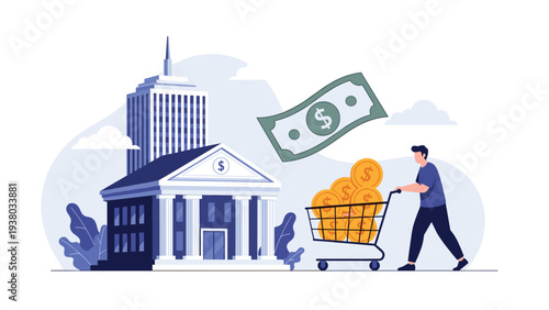 Man pushing shopping cart filled with gold coins towards bank building representing wealth management, investment, and financial growth.