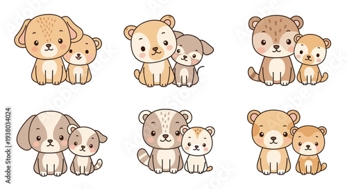 Cartoon Dogs Mother and Puppies Illustration.