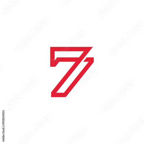 Number 7, Bold Red Outline, Minimalist Design on White Background, Modern Geometric Shape
