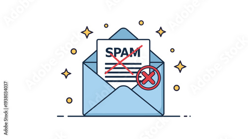 Electronic mail envelope with spam filter icon and red cross symbol representing cybersecurity and email protection from junk messages.