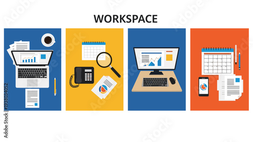 Different workspace setups featuring laptop, telephone, desktop computer, and mobile devices representing modern office productivity.
