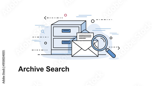 Archive search concept featuring filing cabinet and envelope under magnifying glass for data retrieval and document management services.