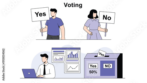 Voting process scenes showing people with placards and a man analyzing digital data next to a public ballot box for elections.