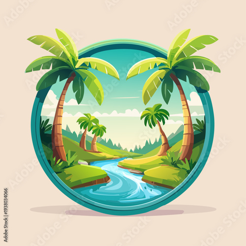 Tropical Island Scene with Palm Trees.