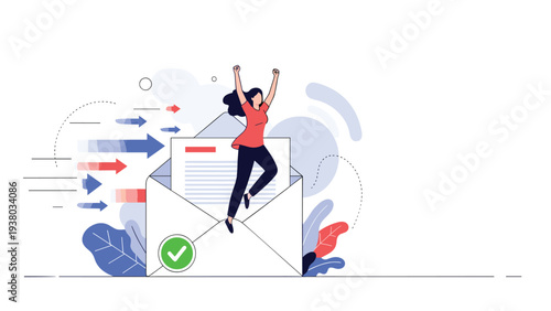 Happy woman jumping out of open envelope with green checkmark symbol representing successful message delivery and positive communication.