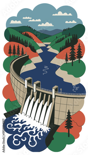 Hydropower dam generating renewable energy from river water. Hydropower station dam generating renewable electricity from river water. Concept of sustainable energy production, water infrastructure.