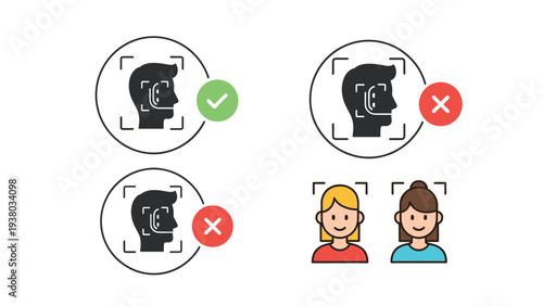 Facial recognition technology icons with green checkmarks and red crosses for user verification and biometric security identification.