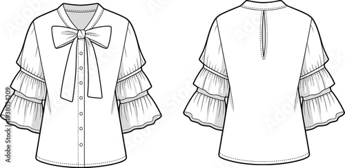 Women ruffle sleeve blouse technical fashion flat, bow tie neckline button shirt with layered sleeves, front back CAD drawing