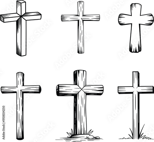 Christian cross symbols vector set, vintage hand drawn wooden crucifix icons for religious and spiritual design