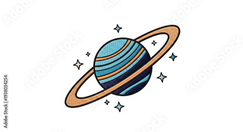 Stylized illustration of planet Saturn with rings and stars.