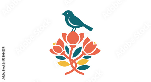 Blue Bird Sitting on Flower Illustration.
