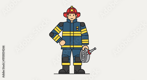 Cartoon Firefighter Standing with Fire Hose.