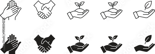 Helping hands and handshake icons collection, charity support and plant growth symbols, community care vector illustration set