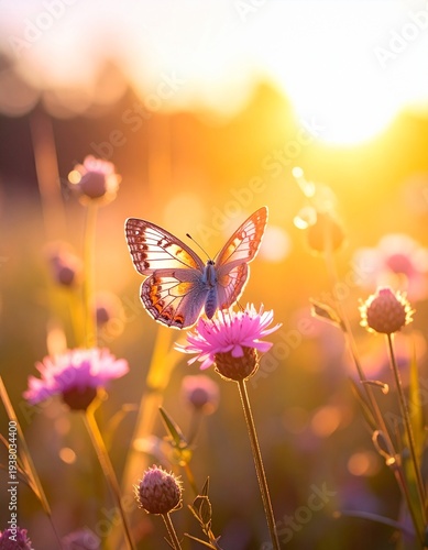 Radiant butterfly with prismatic wings resting on a pink flower. Golden hour meadow, soft bokeh, glowing atmosphere, vivid colors, cinematic macro photography, whimsical summer dreamscape.