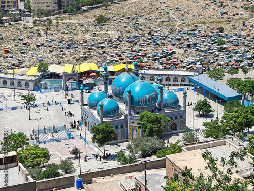 Kabul, Afghanistan - one of the most important shrines for Shia Muslims and Hazara people in Kabul, the Blue Mosque stuns for its turquoise color. Here in particular the exteriors
