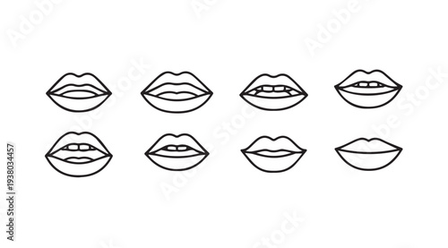 Set of Eight Outline Lips Various Shapes and Expressions Minimalist Stock Illustration