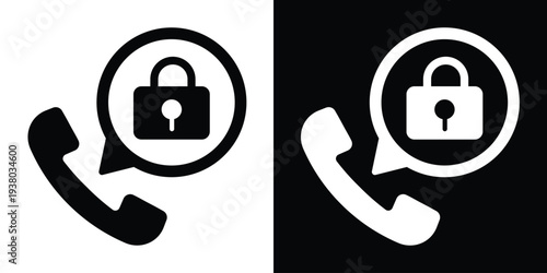 Vector black and white icons of a telephone handset with a padlock symbol in a speech bubble, representing encrypted communication, private calling, and data security.