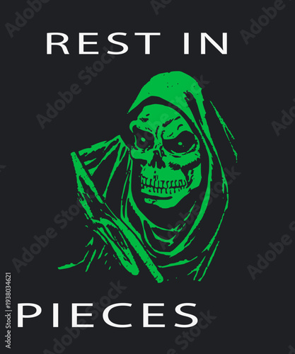 Eerie green skull wearing a hooded cloak with the text rest in pieces on transparent background