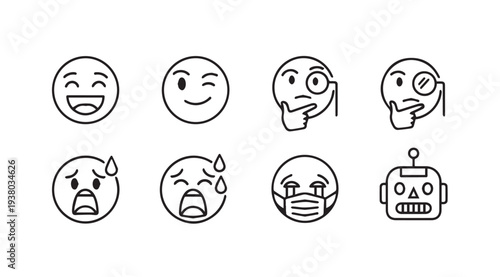 Set of expressive faces icons with different emotions and a robot line art vector illustration