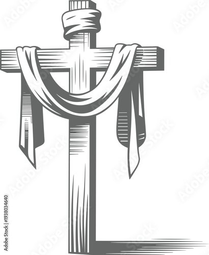 Christian wooden cross with draped white cloth vector illustration, religious symbol for Easter and Good Friday