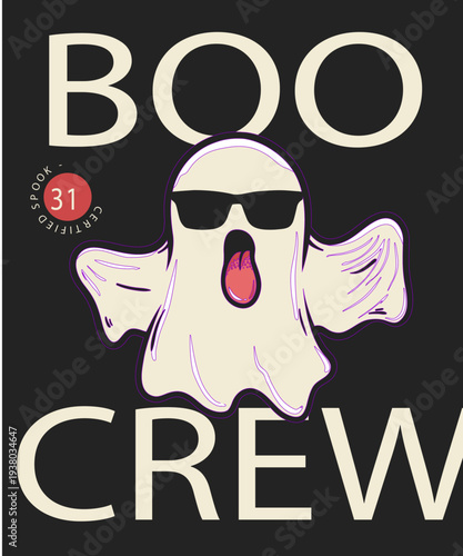 A playful ghost wearing sunglasses shouts boo with a halloween badge on transparent background high quality professional