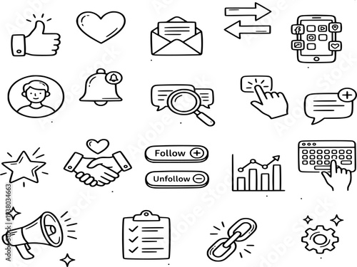 19 liner icon for social media marketing and digital communication symbols for web design interface.