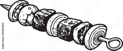 Savory Skewer Delights: A close-up illustration of a tempting skewer, featuring an array of meticulously arranged food ingredients.