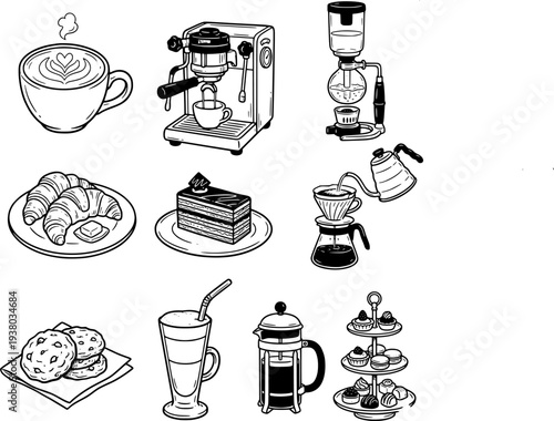 10 liner icon for cafe and bakery elements featuring espresso machine, coffee cups, and pastries.