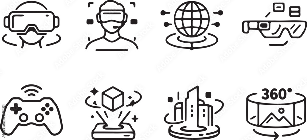 Fototapeta premium A comprehensive collection of line icons representing virtual reality, augmented reality, metaverse, and advanced gaming concepts.