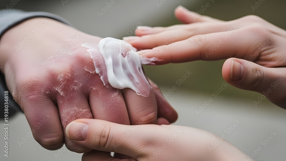 Naklejka premium Dermatological treatment for dry cracked skin and eczema. Psoriasis care and medicinal ointment application. Person applying white moisturizing cream to a red irritated hand