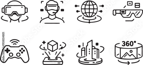A comprehensive collection of line icons representing virtual reality, augmented reality, metaverse, and advanced gaming concepts.