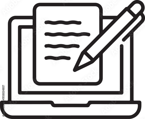 Content Creation and Blog Writing Icon, Laptop with Paper and Pencil Minimalist Line Art