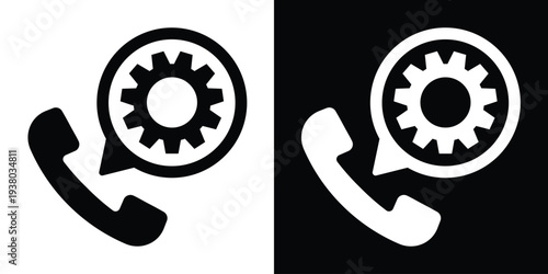 Professional icons of a phone handset with a mechanical gear symbol. Suitable for call settings, technical support, configuration, and communication management tools.