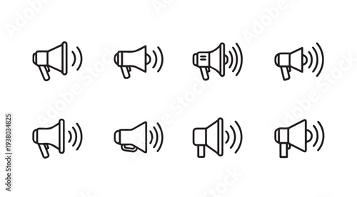 Set of Megaphone Icons with Sound Waves Outline Style Isolated on White