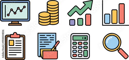 Business and finance icon collection featuring line graphs bar charts document folders and accounting equipment.