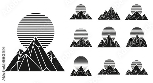 Geometric Mountain Peaks with Striped Sun Icons Set.
