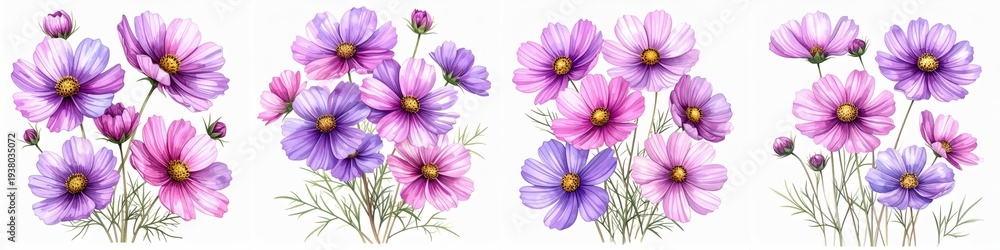 Obraz premium Delicate purple and pink cosmos flowers with slender green stems and soft buds painted in watercolor botanical style isolated on clean white background