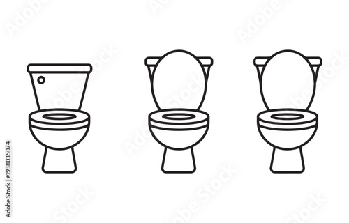 Toilet bowl line icon collection with open and closed lids for bathroom interior planning