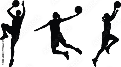 Professional basketball players jumping and shooting ball silhouette vector illustration, athletic sports competition and training icons