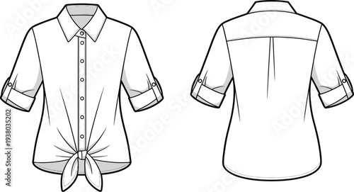 Women tie front collared shirt technical fashion flat, button up blouse with rolled sleeves, front back CAD drawing