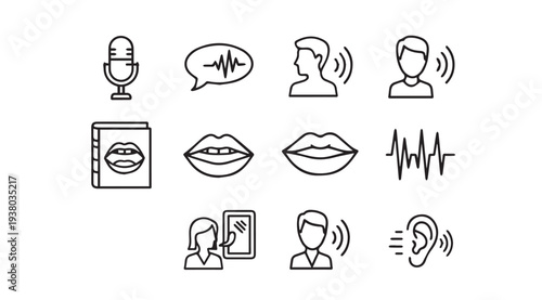 Sound Wave Icons: Microphone Lips Ear Speech Bubbles Person Talking Book with Mouth