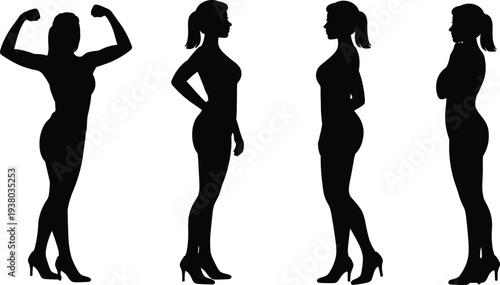 Professional female fitness athletes posing and bodybuilder silhouettes vector set, athletic women for gym sports design
