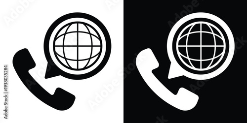 Minimalist vector icon featuring a telephone handset and a globe within a speech bubble. Ideal for international telecommunications, global customer support, and roaming services.