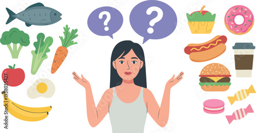 Flat Vector Illustration of Woman Debating Healthy Food vs Junk Food with Question Marks, Diet Choice Concept, and Confused Character