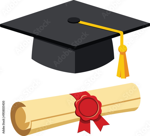 Graduation Hat and graduation diploma paper scroll with wax seal on white background. Vector illustration. Traditional graduation ceremony symbols: certificate with ribbon and academic cap.